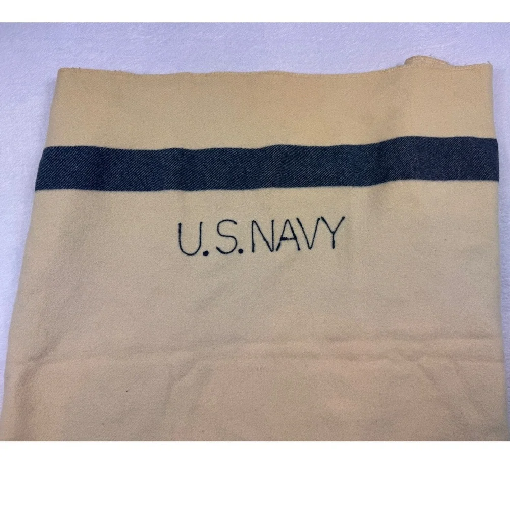 Vintage US Navy Wool Medical Blanket Cream Tan with Blue Stripe Military Issue